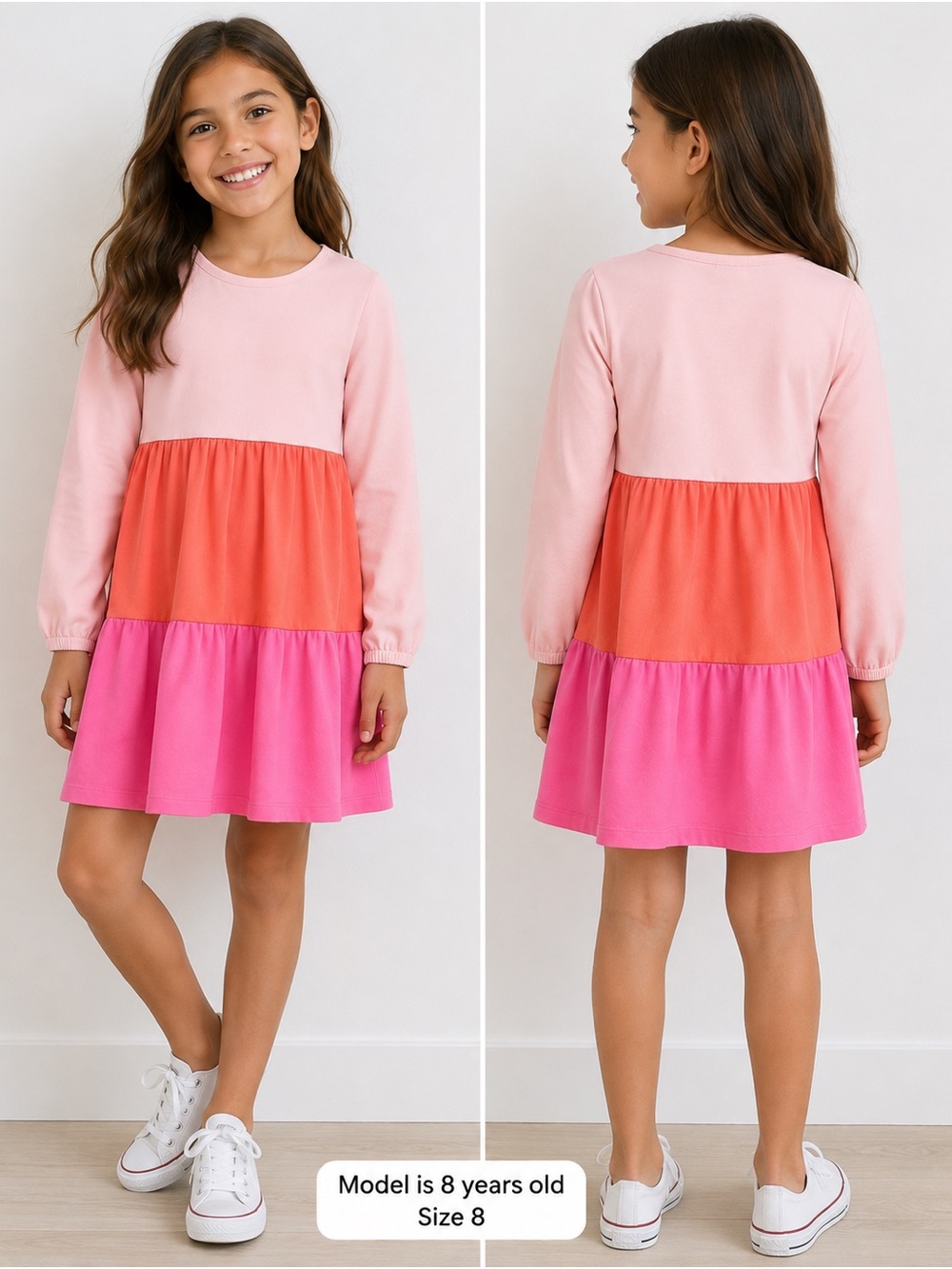 Hanna Andersson Pink Colorblock Tiered Long-Sleeve Dress, like NEW
